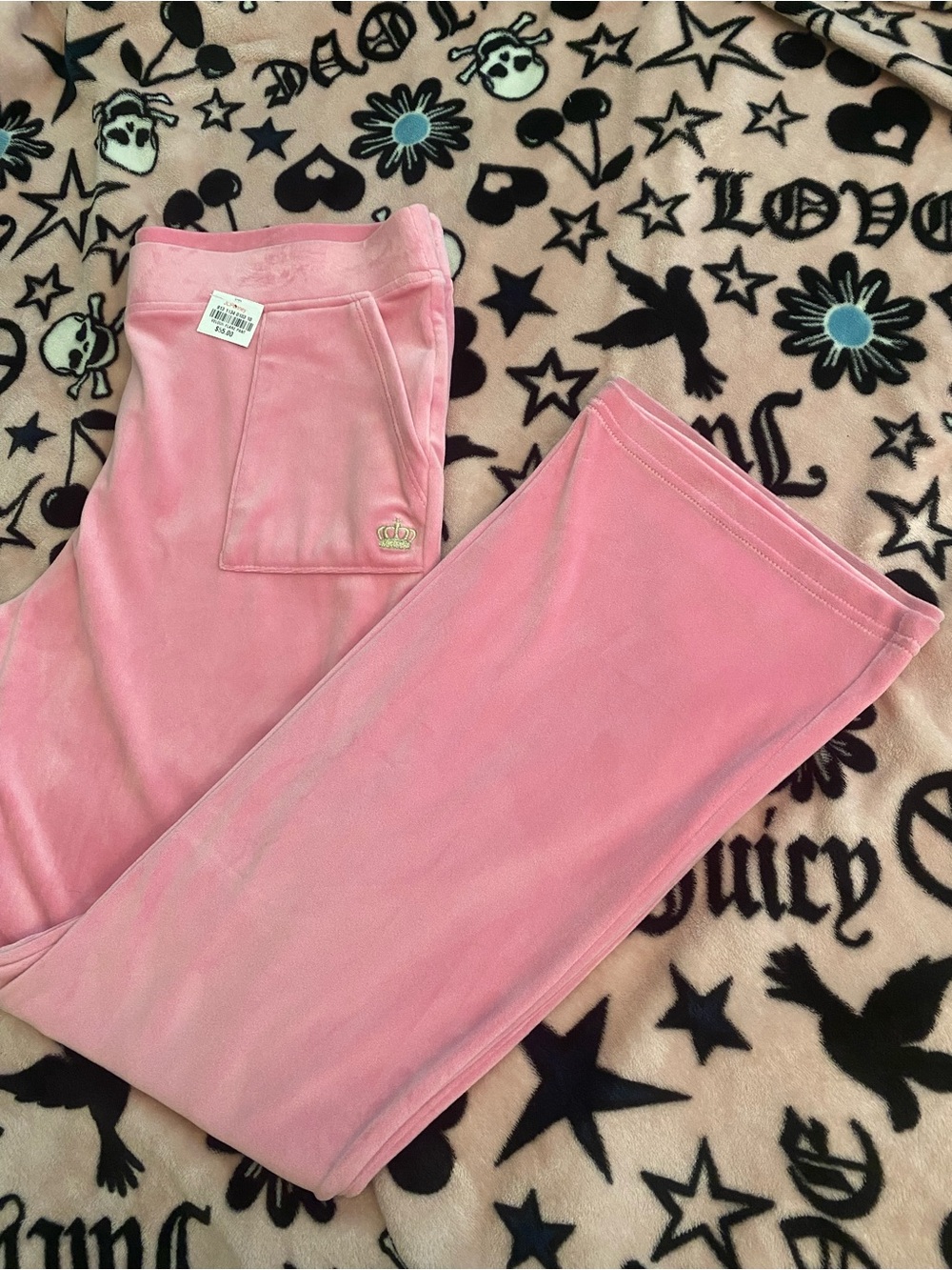 Juicy Couture pink velour pants with minimalist crown design tall size